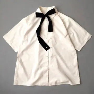 6 ROKU 리본 타이 반팔 셔츠 화이트 백 개더 TIE SHIRT