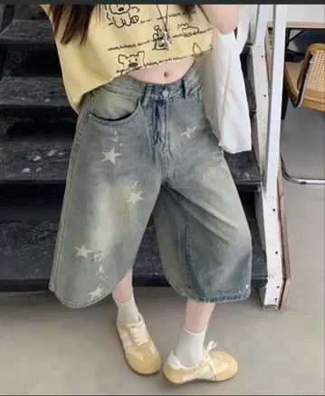 별 패턴 레트로 버뮤다 데님 팬츠 하프 팬츠