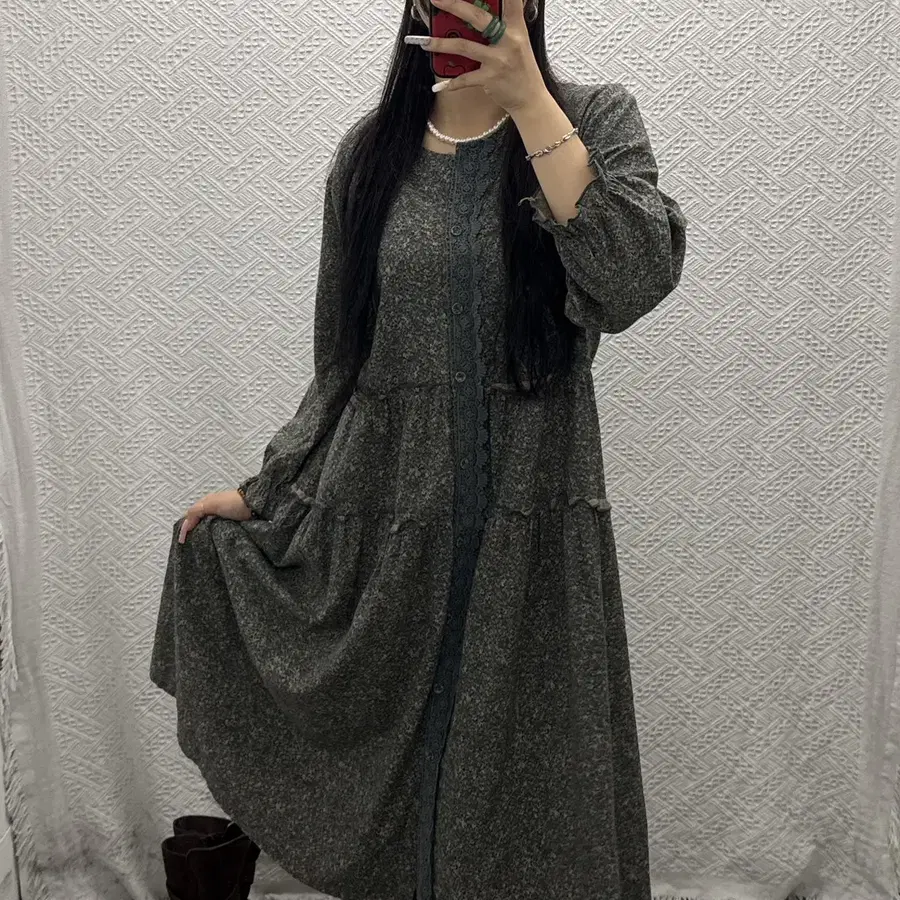 빈티지 재팬 모리 하구미 그랜마코어 잔꽃 프릴 롱원피스 K0464