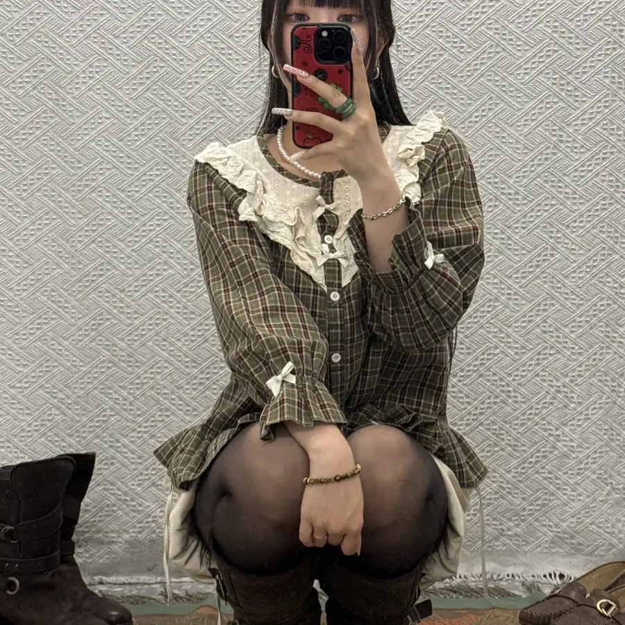 하구미 러블리 체크 레이스코어 프릴 슬립 블라우스 K0465