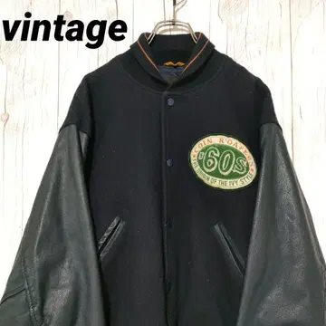 빈티지 바시티 자켓 울 천연 가죽 소매 자수 로고 네이비 L 90s 인기