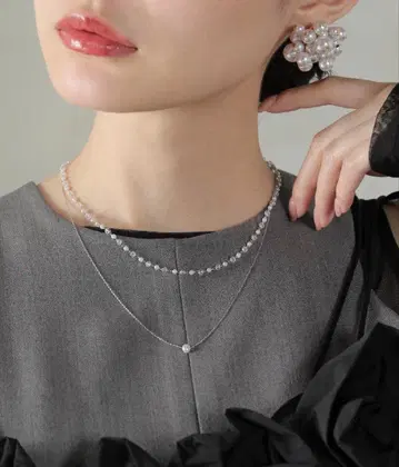 진주풍 비즈 2줄 목걸이 실버 컬러 결혼식