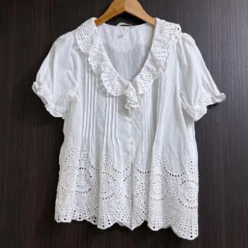 H&M 영국 자수 코튼 블라우스 화이트 레이스 반팔 블라우스