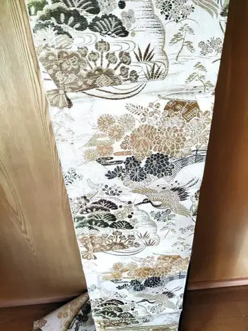 59 오비 후쿠로 오비 앤티크 학 소나무 국화 금실 안팎 전체 무늬