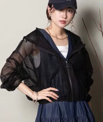 lodie(로디) WEB 한정판 브랜드 메쉬 지퍼 후드 집업 재킷 블랙