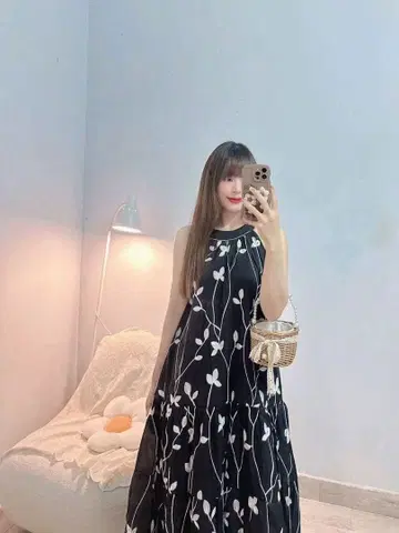 보태니컬 무늬 롱 원피스 블랙