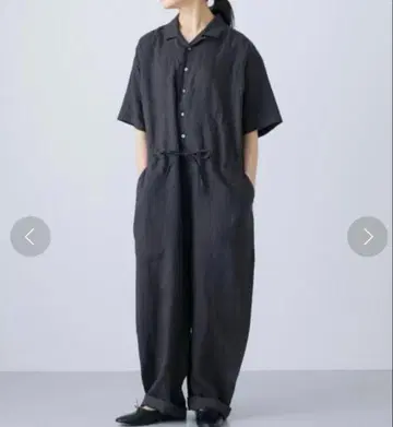kagure 린넨 하프 슬리브 올인원 블랙