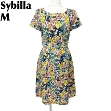 [ 새상품급 ] Sybilla 반팔 원피스 실크 혼방 M 베이지 x 멀티 꽃 올 패턴