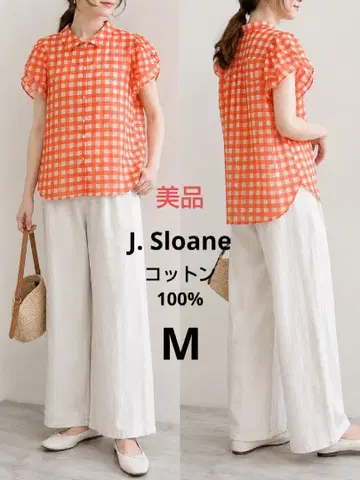 [ J. Sloane ] 오렌지 반팔 체크 코튼 블라우스 M 사이즈