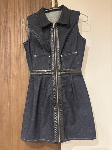 다리치 가죽 콤비 슬리브리스 데님 미니 원피스 FREE 사이즈