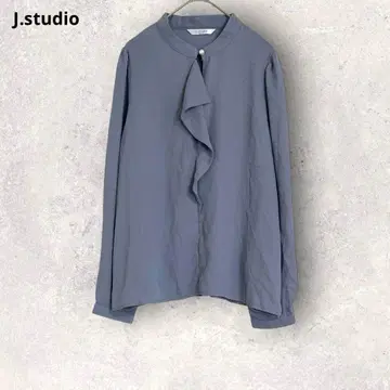 블라우스 긴팔 톤 다운 블루 펄 단추 심플 프릴 고급 M