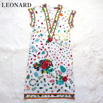 LEONARD 원피스 플라워 주얼리 패턴 면100% 화이트 M