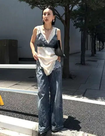FAKE DENIM DOUBLE WAIST PANTS ameri