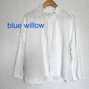 blue willow 블루위로 린넨 100% 스탠드 프릴 블라우스 화이트