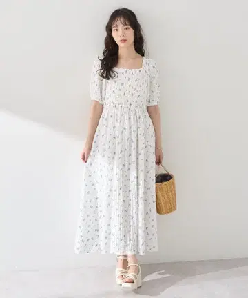백리본 셔링 원피스 꽃무늬 화이트 미니 꽃무늬