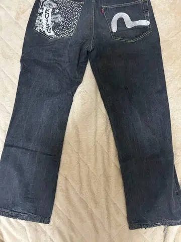 EVISU 데님 팬츠 블랙 자수 패치워크