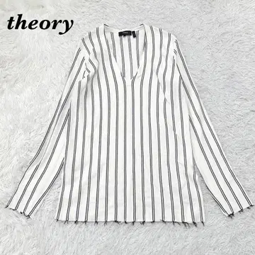 [새상품급] theory V넥 긴팔 티셔츠 S 화이트 스트라이프