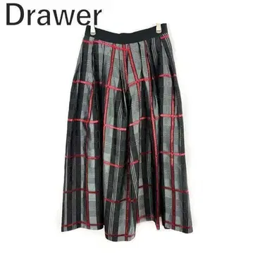 드로어 Drawer 플리츠 플레어 스커트 체크 라메 그레이 블랙 레드