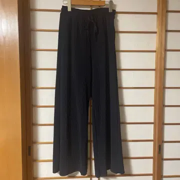 여성용 블랙 리브 와이드 팬츠 이지 팬츠