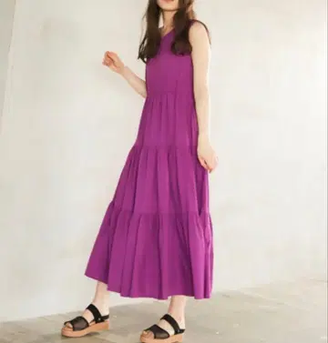 새상품급 미스티우먼 롱 원피스 퍼플 맥시 티어드 린넨 혼방
