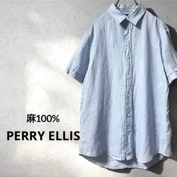 PERRY ELLIS 페리 엘리스 린넨 반팔 셔츠 L 블루 무지