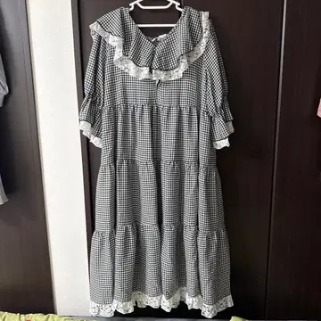 깅엄 체크 레이스 옷깃 롱 원피스 4L