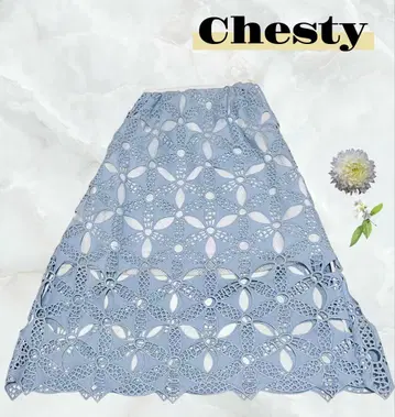 체스티 Chesty 새상품급 레이스 플레어 스커트 롱 S 라이트 블루