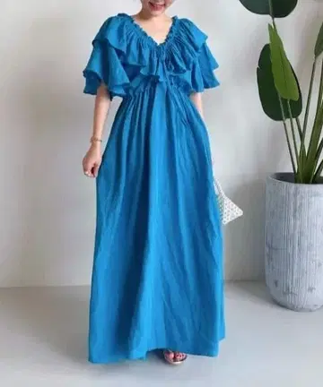 프릴 넥 롱 원피스 블루