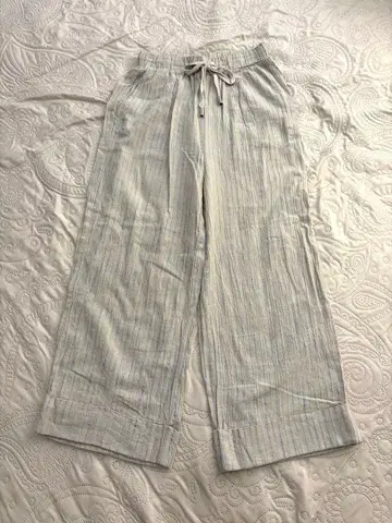 안나리 스트라이프 패턴 와이드 팬츠 린넨 혼방 이지 팬츠
