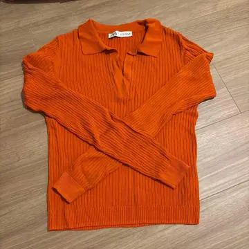 ZARA 오렌지 리브 니트 피케 셔츠 긴팔 S 사이즈