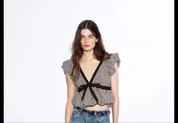 ZARA 깅엄 체크 패턴 리본 포함 벌룬 상의