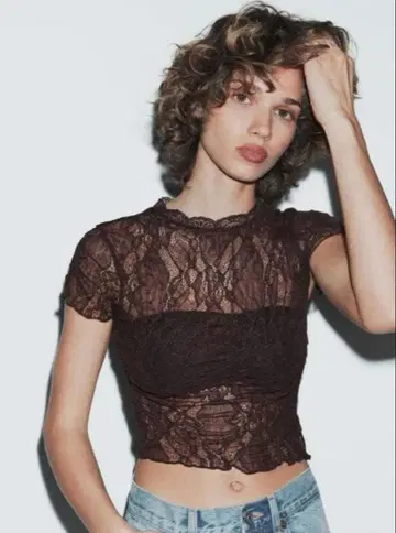 zara 레이스 크롭 기장 상의 다크 브라운 S