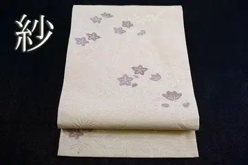 나고야 오비 여름 오비 여름 샤 베이지 벚꽃 문양 길이 3m 77cm 순수 실크 완성품