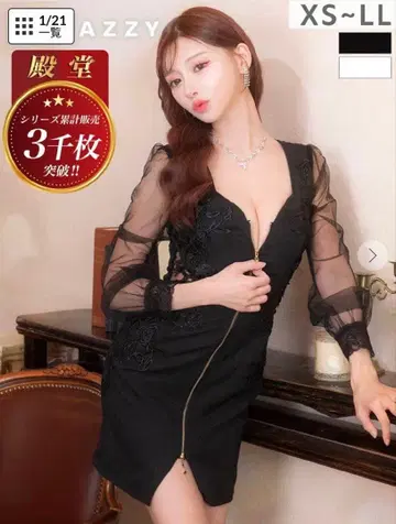 프론트 지퍼 시스루 소매 미니 드레스 블랙