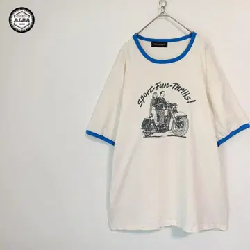 링거 T셔츠 양면 프린트 90s 빈티지 영문 화이트 파랑 반팔