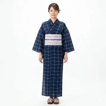 유카타 단품 여성용 시지라 직조 면린넨 격자 네이비 컬러 bonheur saisons
