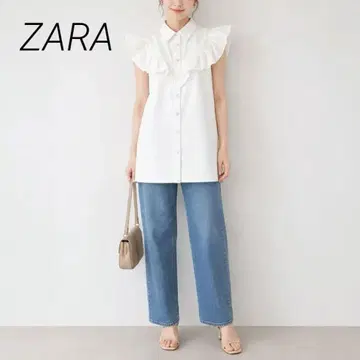 ZARA 자라 소매 프릴 데님 상의 화이트 오버 사이즈