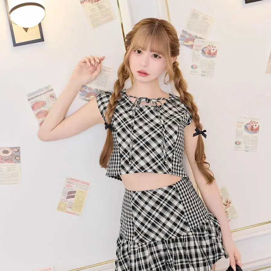 미셸마카롱 체크 플레어 셋업