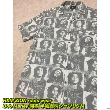 H&M ZION roots wear 밥 말리 올 패턴 오픈 카라 셔츠 US M