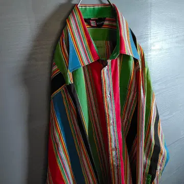 개성파 70s 레트로 컬러풀 스트라이프 긴팔 셔츠 빅 칼라 XL 상당