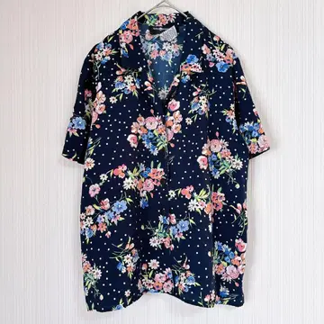 사그하버 꽃무늬 도트 셔츠 오픈 카라 반팔 14P 네이비 다색 바다 바캉스