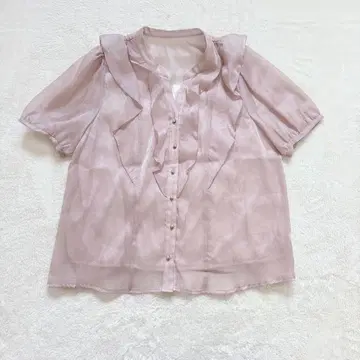 [비스] 시어 프릴 블라우스 F 반팔 핑크 안감 부착 고급 오피스 캐주얼