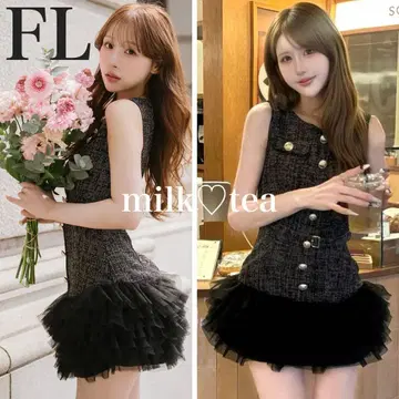 택 포함 새상품 다리치 썸머 트위드 볼륨 튤 미니 원피스 FL
