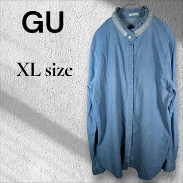 고품질 지유 데님 셔츠 XL 인디고 옷깃 비쥬 펄 프릴 장식