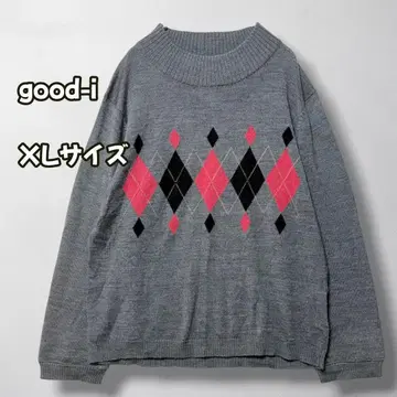 W0035 하이넥 니트 풀오버 아가일 무늬 긴팔 다크 그레이 XL