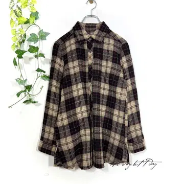 IC 아이시 울 100% 체크 무늬 플란넬 셔츠 튜닉 베이지 S