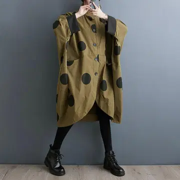 카키 물방울 패턴 도트 모드 롱 코트 넉넉한 오버 사이즈