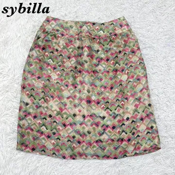 [새상품급] sybilla 미디 스커트 타이트 M 그린 올 패턴