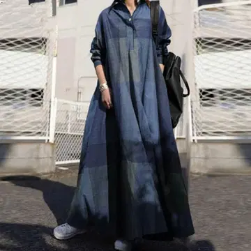 4XL 다크 블루 체크 무늬 셔츠 원피스 긴팔 체형 커버 루즈핏