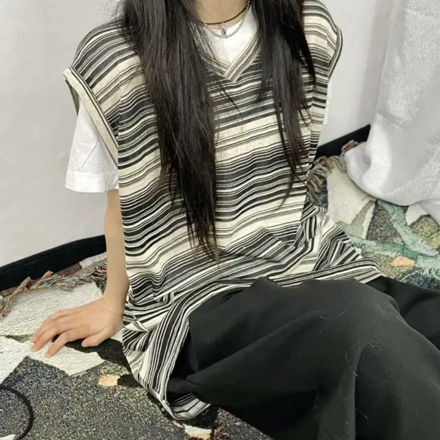스트라이프 니트 조끼